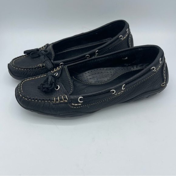 LL Bean Womens Black Leather Slip On Size 6.5 Moc Toe Comfort Loafer Shoe - Picture 1 of 6